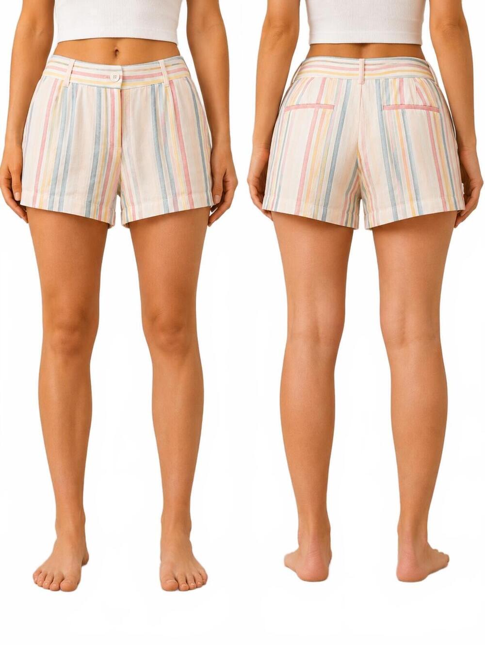 Nwt Loft Ladies 4in Short Linen Blend Pastel Stripe Pattern Side Pockets Classic